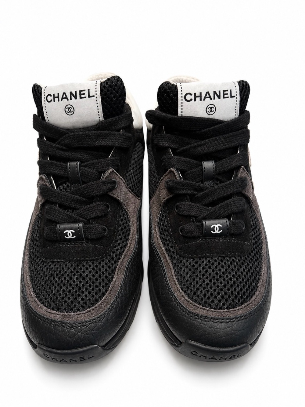 Authentic Chanel CC Mesh & Suede Calfskin Sneakers Black/White Size 38 (With Box